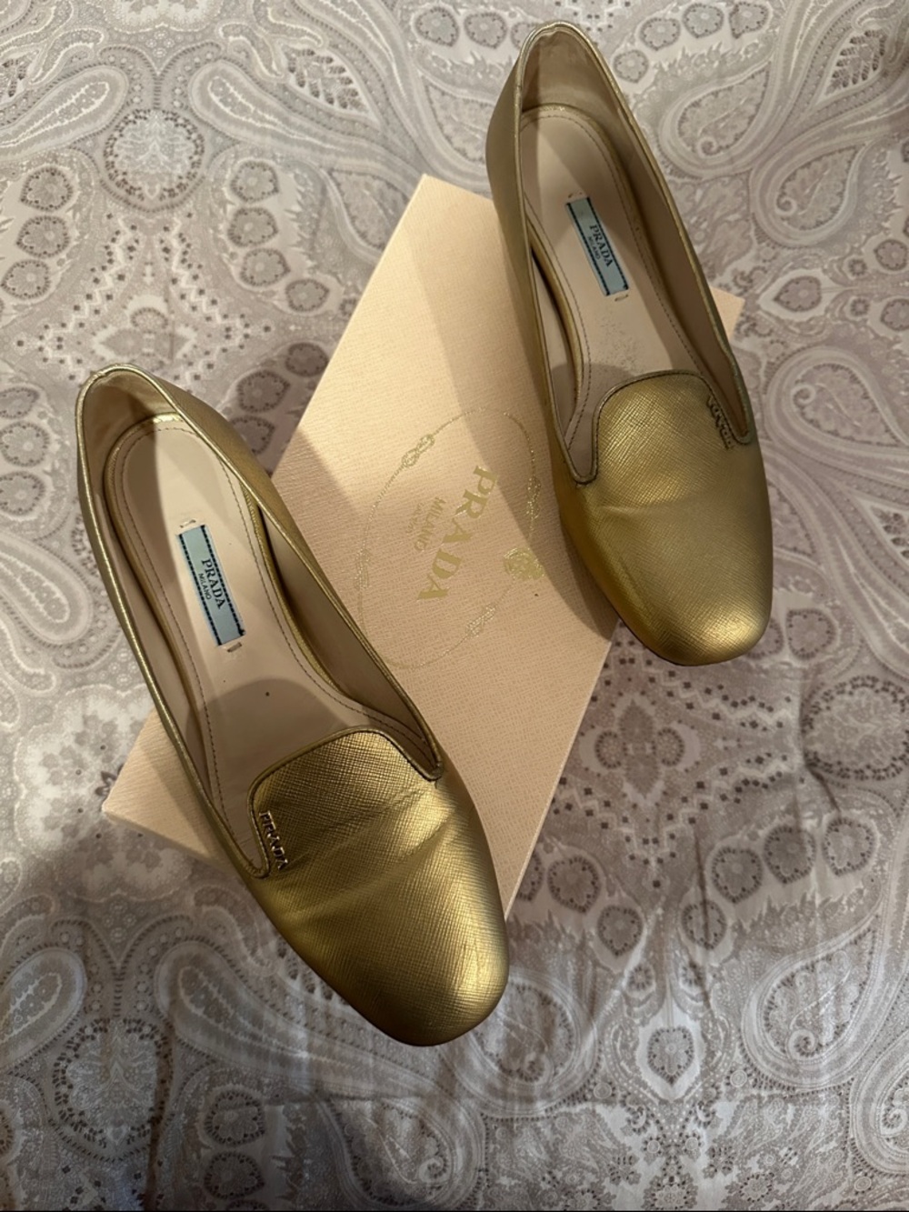 Prada Metallic Gold Leather Slip-On Loafers - Women